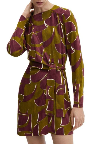 Mango Geo Print Long Sleeve Faux Wrap Minidress In Burgundy