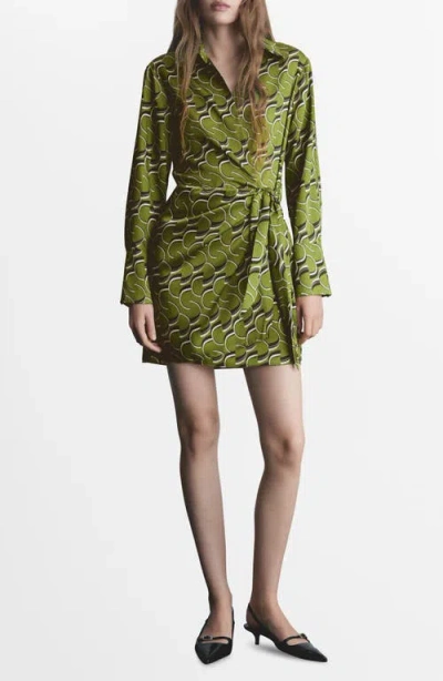 Mango Geo Print Long Sleeve Satin Faux Wrap Dress In Green
