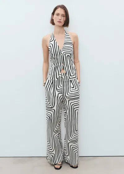 Mango Geometric-print Linen Trousers Ecru