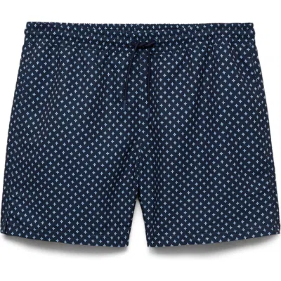 Mango Geometric Print Swim Trunks In Navy
