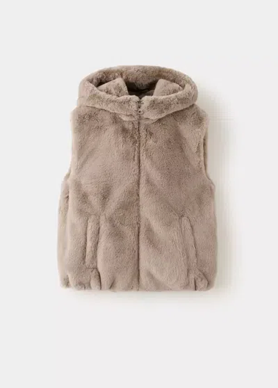 Mango Kids' Gilet À Capuche Fausse Fourrure In Marron Moyen