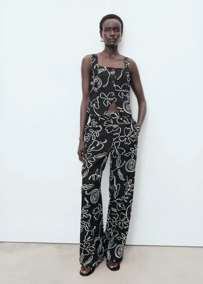 Mango Floral Print Linen Suit Vest Black
