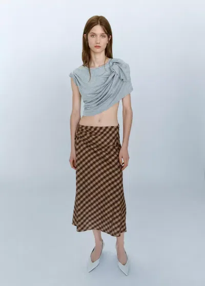 Mango Gingham Skirt With Draped Detail In Brown