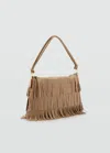 Mango Large Leather Shoulder Bag With Fringes In Sand
