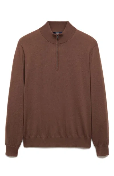 Mango Half Zip Merino Wool Sweater In Medium Brown