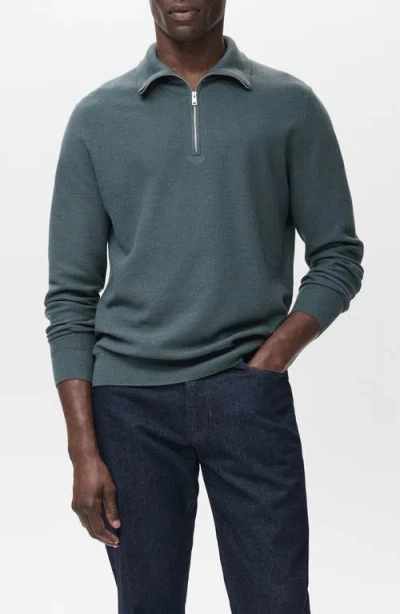 Mango Half Zip Piqué Sweater In Blue