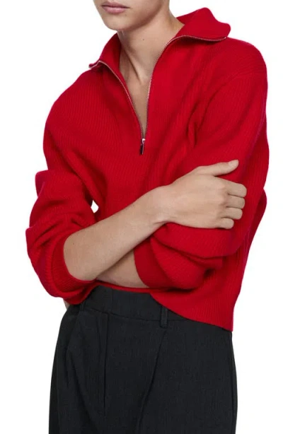 Mango Half Zip Rib Sweater In Red