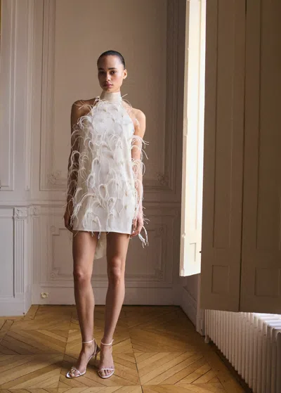 Mango Halter Dress With Feather Decoration Ecru In Écru