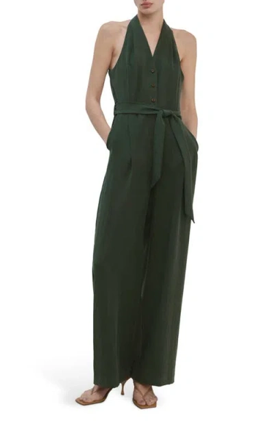 Mango Halter Neck Belted Jumpsuit In Green