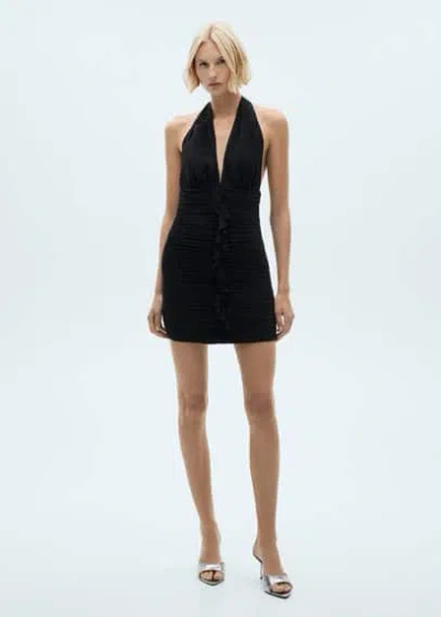 Mango Halter-neck Dress With Ruffled Details Black