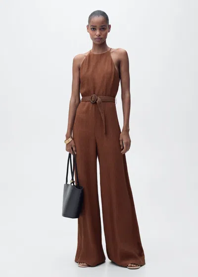 Mango Halter-neck Jumpsuit With Belt Brown In Marron