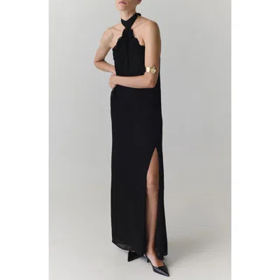 Mango Halter Neck Maxi Dress With Floral Detail In Black