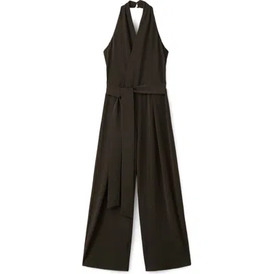 Mango Halter Tie Waist Wide Leg Faux Wrap Jumpsuit In Brown
