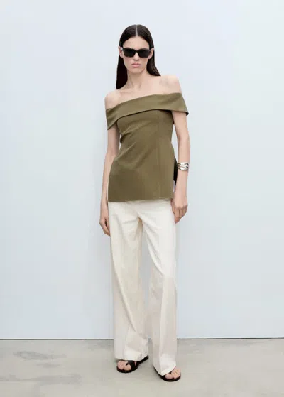 Mango Fitted Off-the-shoulder Top Khaki