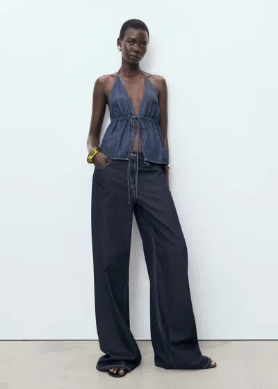 Mango V-neck Denim Top With Bow Open Blue