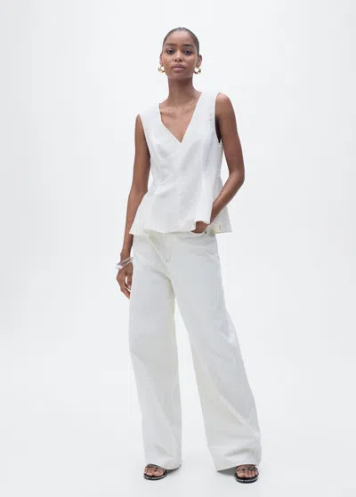 Mango Linen Blend Peplum Top Ecru