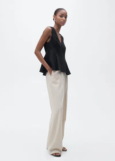 Mango Linen Blend Peplum Top Black