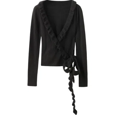 Mango Heidi Ruffle Wrap Cardigan In Black