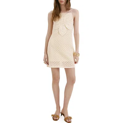 Mango Cotton Rich Knit Halterneck Mini Dress With Statement Flower In White