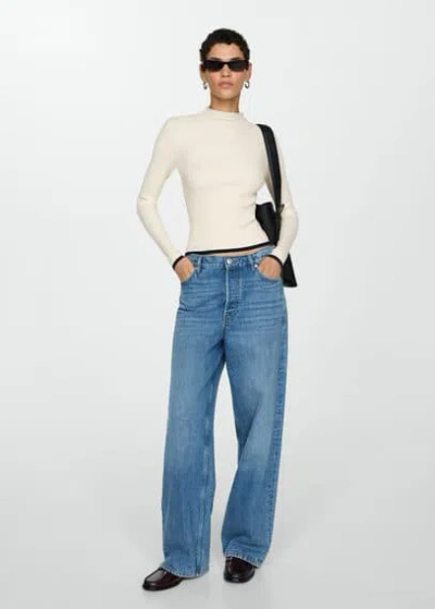 Mango High Collar Ribbed Knit Sweater Ecru In Écru