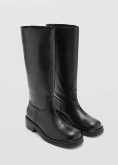 Mango High Leather Zipper Boot Black