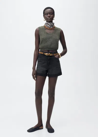 Mango High-rise Shorts With Turn-down Hem Black Denim