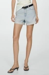 Mango Mini Shorts With Belt In Light Blue