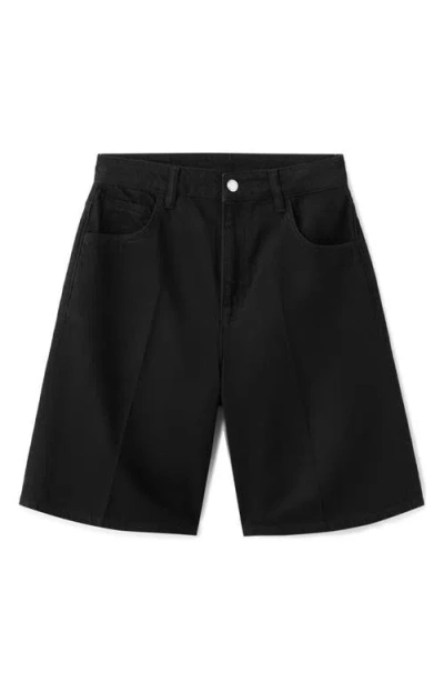 Mango High Waist Mid Thigh Denim Shorts In Black