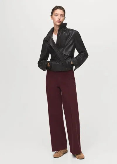Mango High-waisted Wide-leg Jeans With Stitching In Burgundy