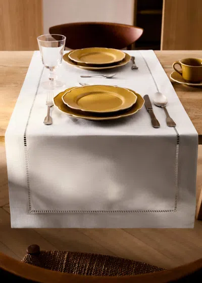Mango Home Linen Table Runner With Embroidered Hemstitch White