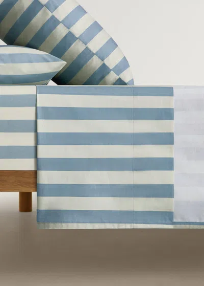 Mango Home Drap Plat Enfant En Coton Percale À Rayures Épaisses Pour Lit 90 Cm Bleu - Home - Lit 90 Cm - Mango In Blue