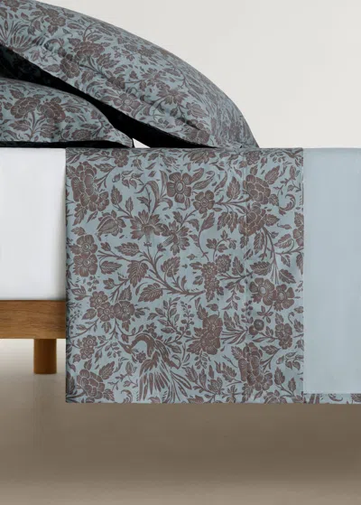 Mango Home Cotton Percale Printed Two-tone Floral Top Sheet For 135 Cm Bed In Vert D´eau