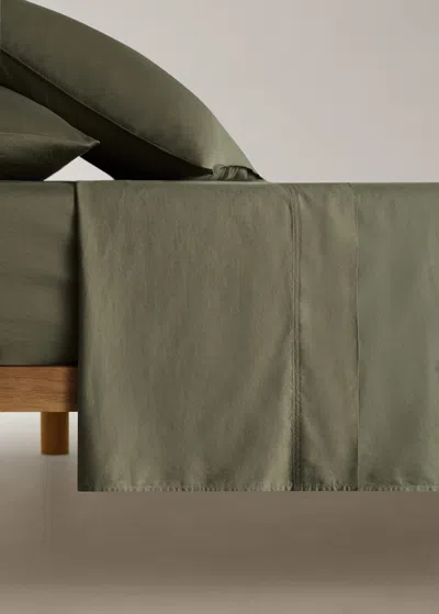 Mango Home Drap Plat Coton Satin Lavé Double Surpiqûre Lit 135/140 Cm Olive - Home - Lit 135/140 Cm - Mango Hom In Green