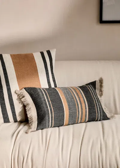 Mango Home Linen Cushion Cover With Stripes And Fringes 30x50 Cm Medium Grey