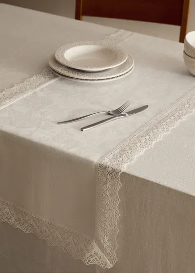 Mango Home Jacquard Linen Lace Floral Table Runner Off White