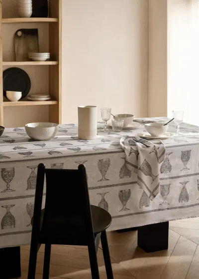 Mango Home Linen-cotton Tablecloth With Glasses Print For 8 To 10 Guests Ecru
