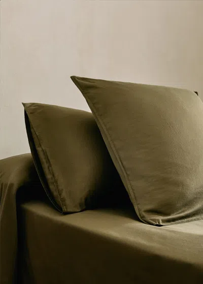 Mango Home Two Washed Cotton Satin Pillowcases With Double Stitching 60x60 Cm Olive Green