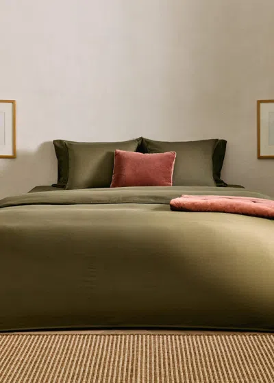 Mango Home Washed Satin Cotton Duvet Cover With Double Stitching Single Bed Olive Green