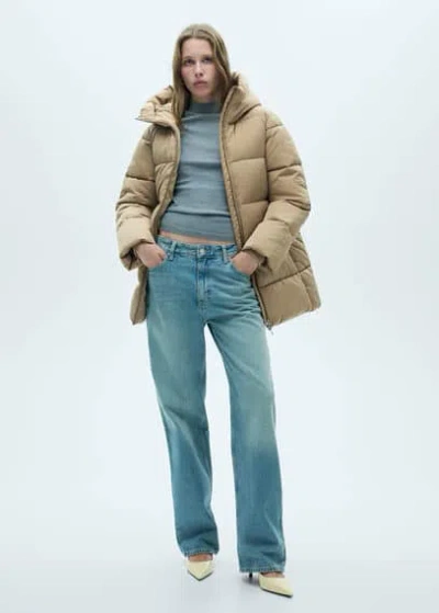 Mango Hood Quilted Coat Beige