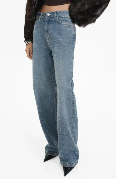 Mango Isla Rhinestone Embellished Wide Leg Jeans In Medium Blue