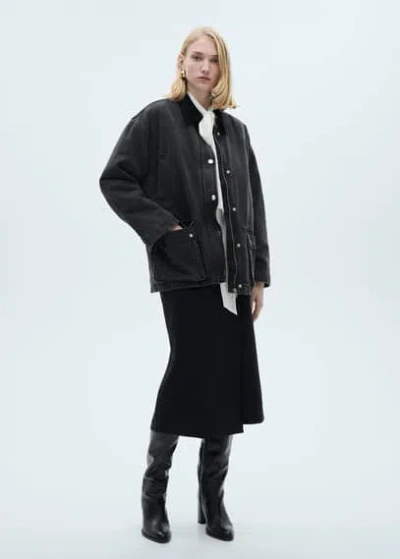 Mango Jacket With Corduroy Collar Pockets Black Denim