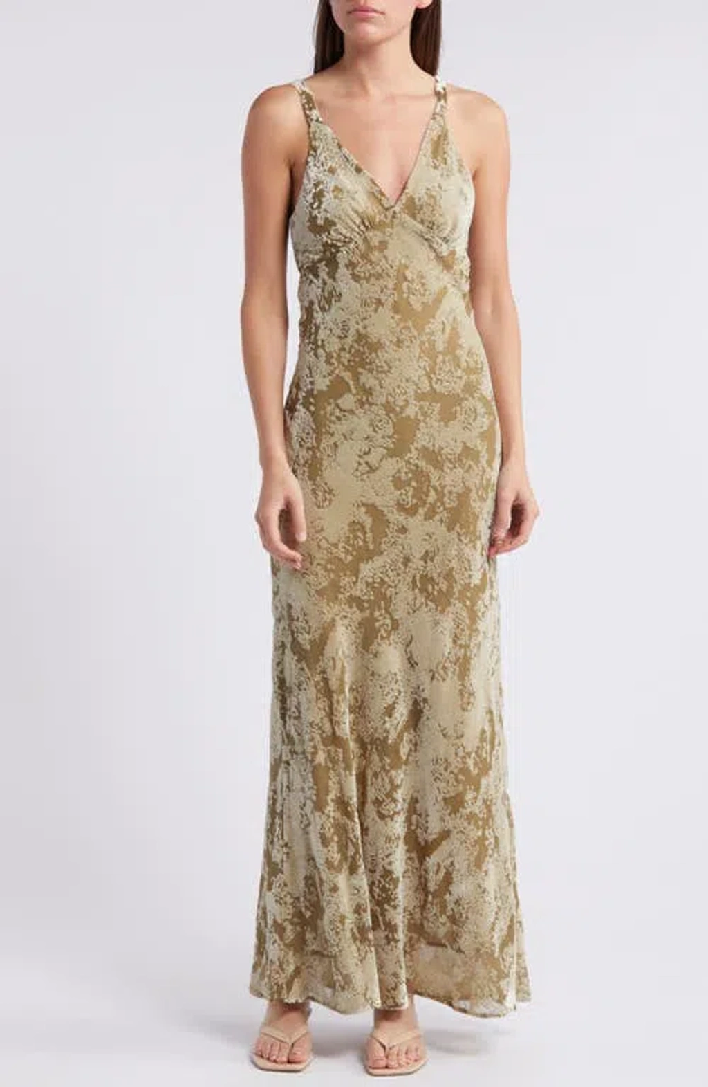 Mango Javier Burnout Velvet Maxi Dress In Olive Green | ModeSens