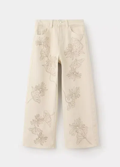 Mango Kids' Jean Droit Broderie À Fleurs In Neutral
