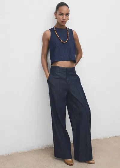 Mango Wide Leg Denim Pants With Stitching In Blue