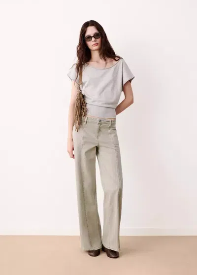 Mango Jean Wide Leg Coutures Décoratives In Kaki