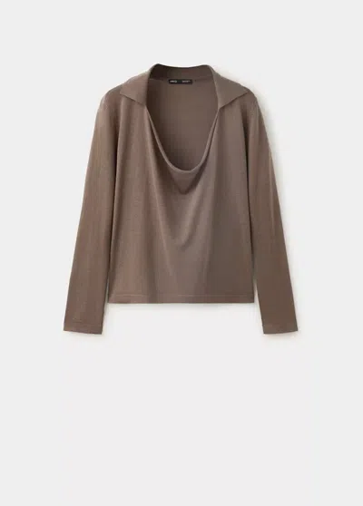 Mango Jersey En Lyocell À Col Drapé In Marron Moyen
