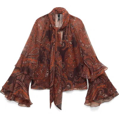 Mango Jewell Ruffle Sleeve Tie Neck Top In Brown