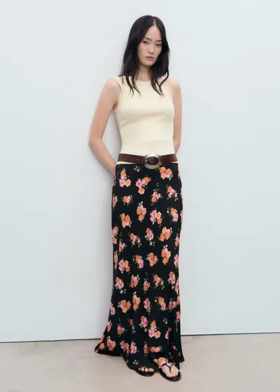Mango Floral Skirt With Lace Trim Black