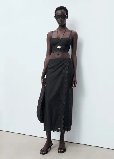 Mango Embroidered Cotton Skirt Black