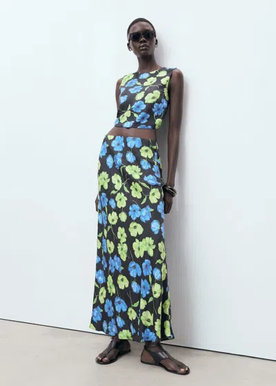 Mango Floral-print Long Skirt Black